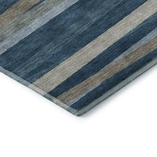 8' Denim Blue Ivory And Beige Striped Washable Round Rug With UV Protection Photo 6