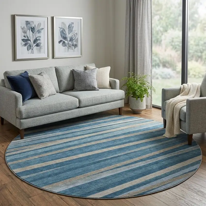 8' Denim Blue Ivory And Beige Striped Washable Round Rug With UV Protection Photo 1
