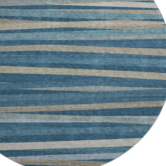 8' Denim Blue Ivory And Beige Striped Washable Round Rug With UV Protection Photo 2