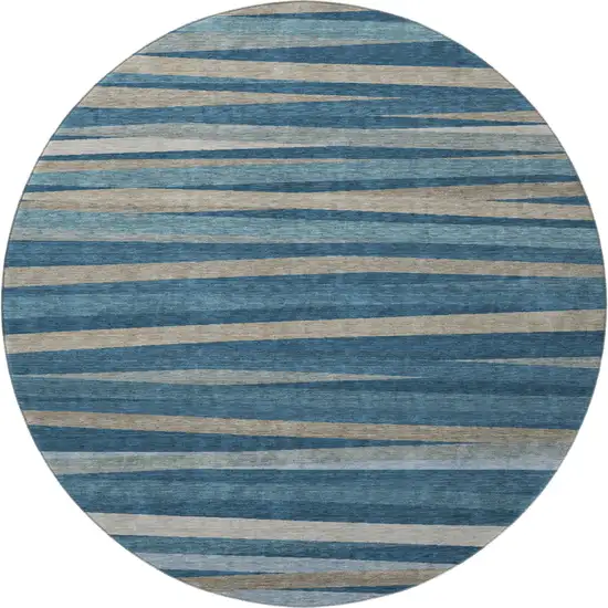 8' Denim Blue Ivory And Beige Striped Washable Round Rug With UV Protection Photo 3