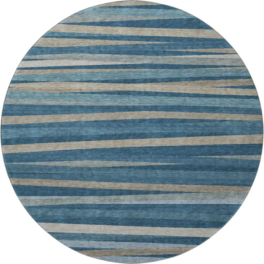 8' Denim Blue Ivory And Beige Striped Washable Round Rug With UV Protection Photo 3