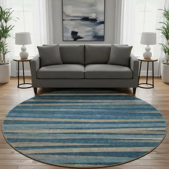 8' Denim Blue Ivory And Beige Striped Washable Round Rug With UV Protection Photo 2