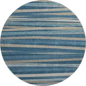 Photo of 8' Denim Blue Ivory And Beige Striped Washable Round Rug With UV Protection