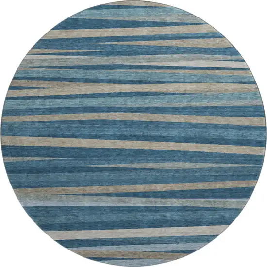 8' Denim Blue Ivory And Beige Striped Washable Round Rug With UV Protection Photo 1