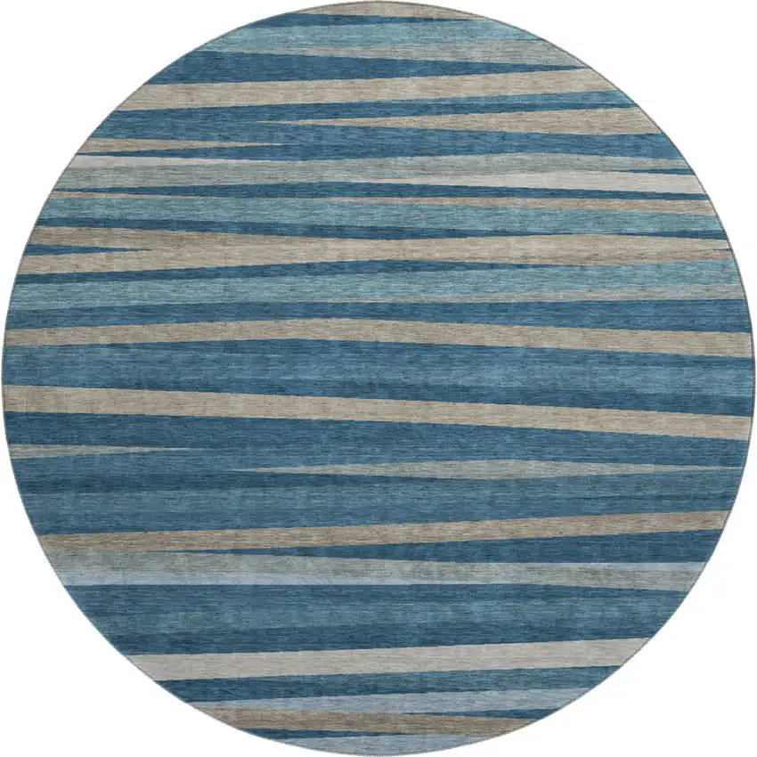 8' Denim Blue Ivory And Beige Striped Washable Round Rug With UV Protection Photo 1