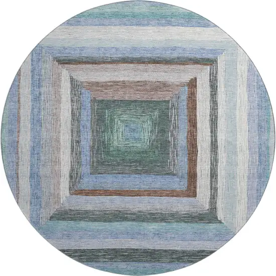 8' Denim Blue Ivory And Brown Geometric Washable Round Rug With UV Protection Photo 1