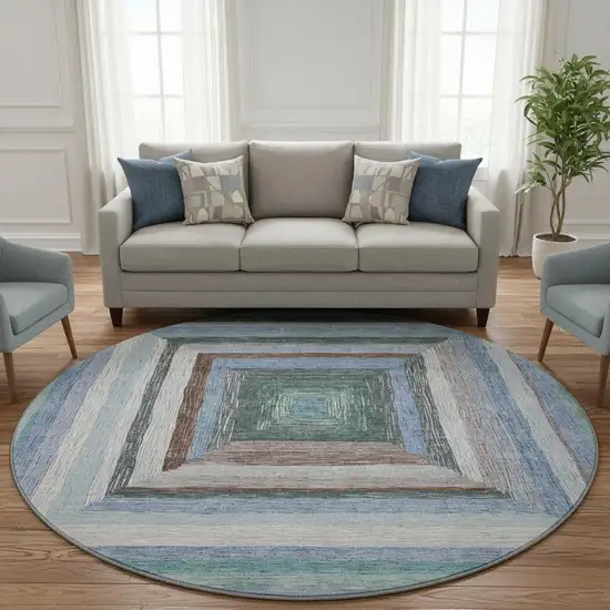 8' Denim Blue Ivory And Brown Geometric Washable Round Rug With UV Protection Photo 2
