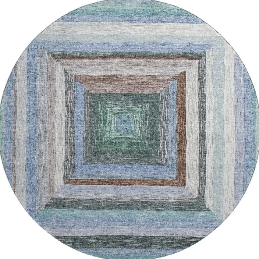 8' Denim Blue Ivory And Brown Geometric Washable Round Rug With UV Protection Photo 3