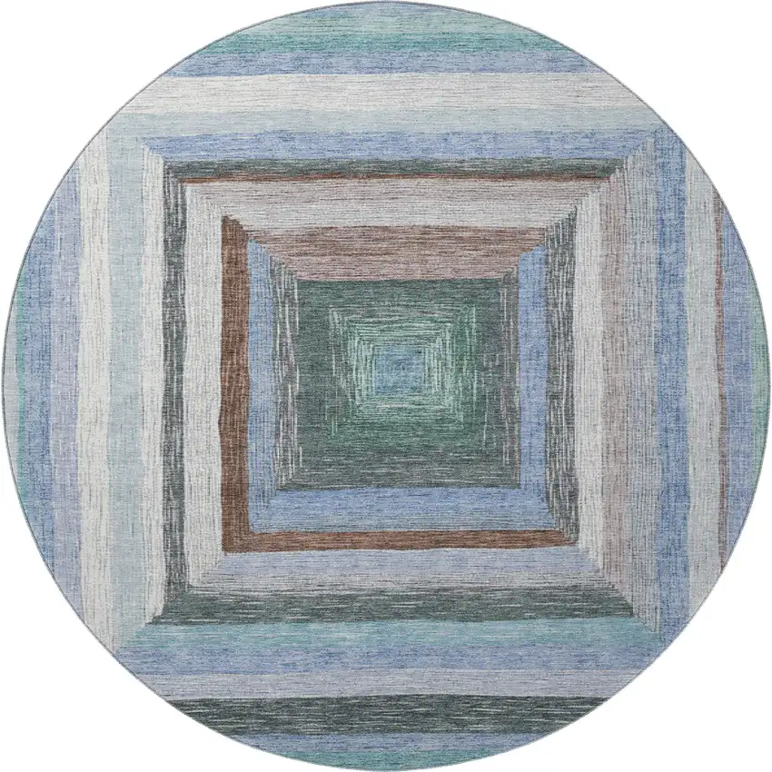 8' Denim Blue Ivory And Brown Geometric Washable Round Rug With UV Protection Photo 4