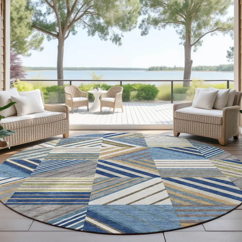 8' Denim Blue Ivory And Brown Round Patchwork Washable Indoor Outdoor Area Rug Photo 4
