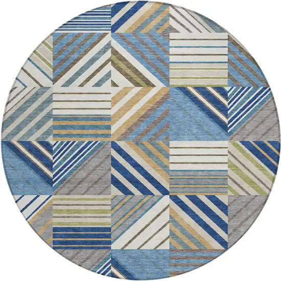 8' Denim Blue Ivory And Brown Round Patchwork Washable Indoor Outdoor Area Rug Photo 1