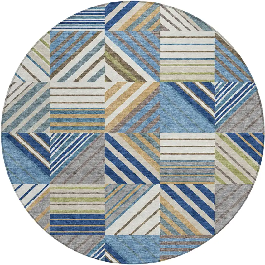 8' Denim Blue Ivory And Brown Round Patchwork Washable Indoor Outdoor Area Rug Photo 1
