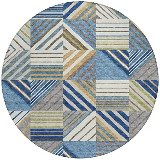 8' Denim Blue Ivory And Brown Round Patchwork Washable Indoor Outdoor Area Rug Photo 3