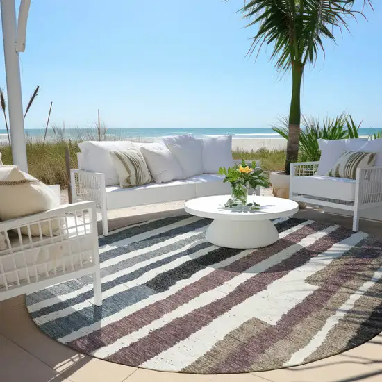 8' Denim Blue Ivory And Charcoal Round Striped Washable Indoor Outdoor Area Rug Photo 5