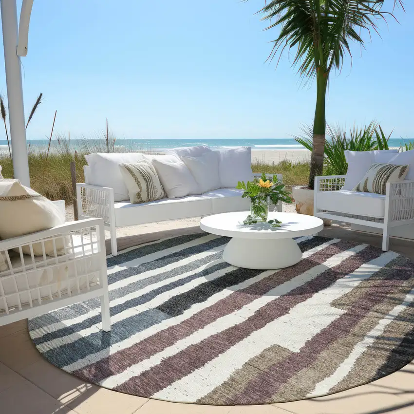 8' Denim Blue Ivory And Charcoal Round Striped Washable Indoor Outdoor Area Rug Photo 5