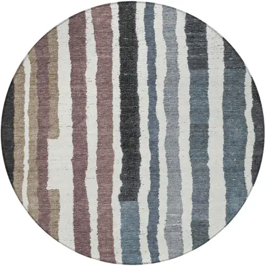 8' Denim Blue Ivory And Charcoal Round Striped Washable Indoor Outdoor Area Rug Photo 3