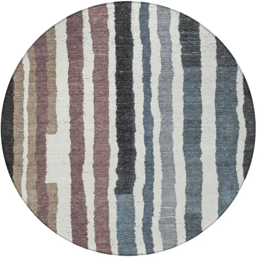 8' Denim Blue Ivory And Charcoal Round Striped Washable Indoor Outdoor Area Rug Photo 3