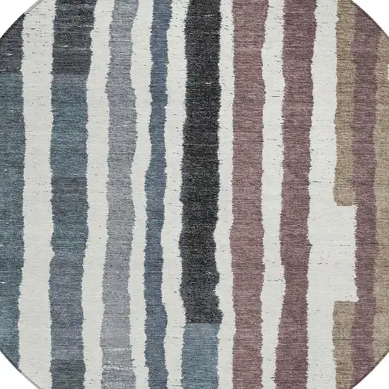 8' Denim Blue Ivory And Charcoal Round Striped Washable Indoor Outdoor Area Rug Photo 4