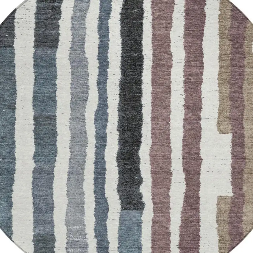 8' Denim Blue Ivory And Charcoal Round Striped Washable Indoor Outdoor Area Rug Photo 4