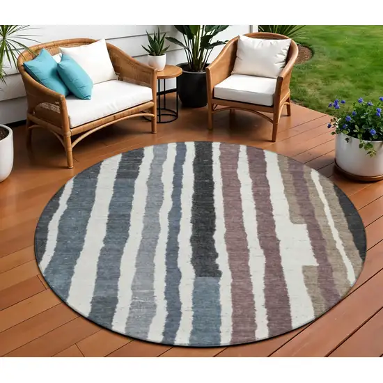 8' Denim Blue Ivory And Charcoal Round Striped Washable Indoor Outdoor Area Rug Photo 2