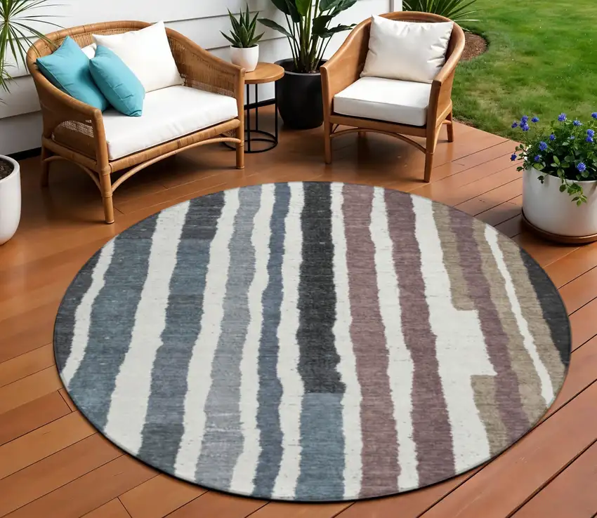 8' Denim Blue Ivory And Charcoal Round Striped Washable Indoor Outdoor Area Rug Photo 2
