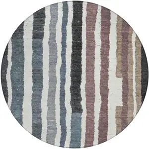 Photo of 8' Denim Blue Ivory And Charcoal Round Striped Washable Indoor Outdoor Area Rug