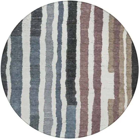 8' Denim Blue Ivory And Charcoal Round Striped Washable Indoor Outdoor Area Rug Photo 1