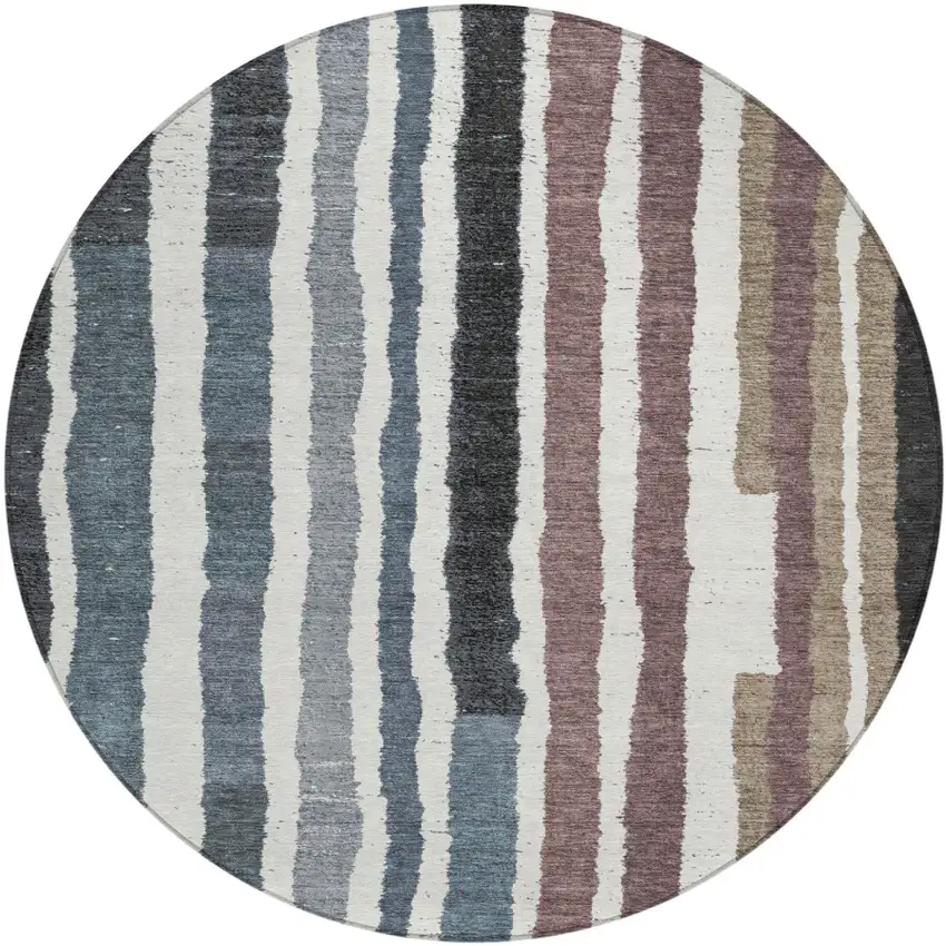 8' Denim Blue Ivory And Charcoal Round Striped Washable Indoor Outdoor Area Rug Photo 1