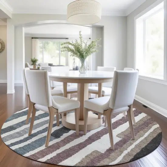 8' Denim Blue Ivory And Charcoal Round Striped Washable Indoor Outdoor Area Rug Photo 6