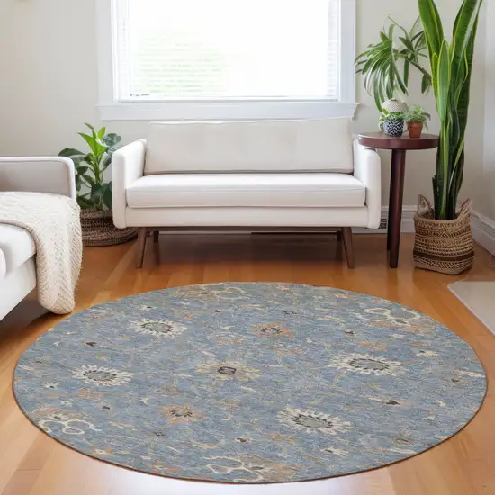 8' Denim Blue Ivory And Coral Round Floral Washable Indoor Outdoor Area Rug Photo 9