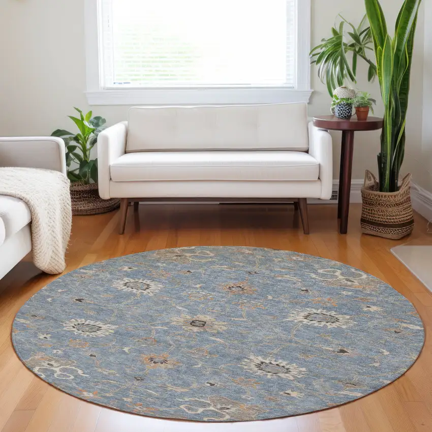 8' Denim Blue Ivory And Coral Round Floral Washable Indoor Outdoor Area Rug Photo 9