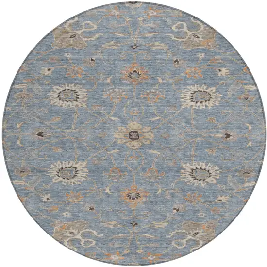 8' Denim Blue Ivory And Coral Round Floral Washable Indoor Outdoor Area Rug Photo 2