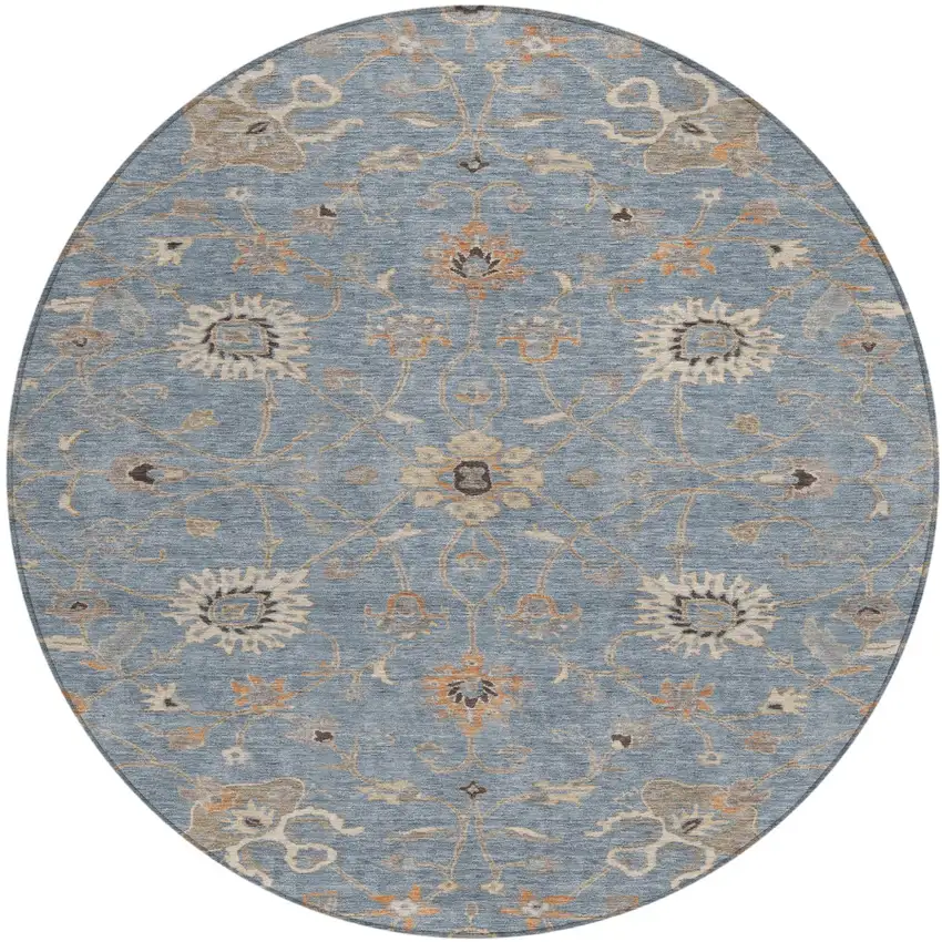 8' Denim Blue Ivory And Coral Round Floral Washable Indoor Outdoor Area Rug Photo 2