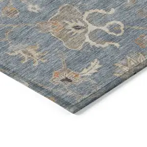 Photo of 8' Denim Blue Ivory And Coral Round Floral Washable Indoor Outdoor Area Rug