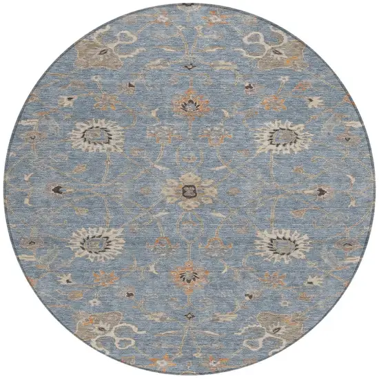 8' Denim Blue Ivory And Coral Round Floral Washable Indoor Outdoor Area Rug Photo 7