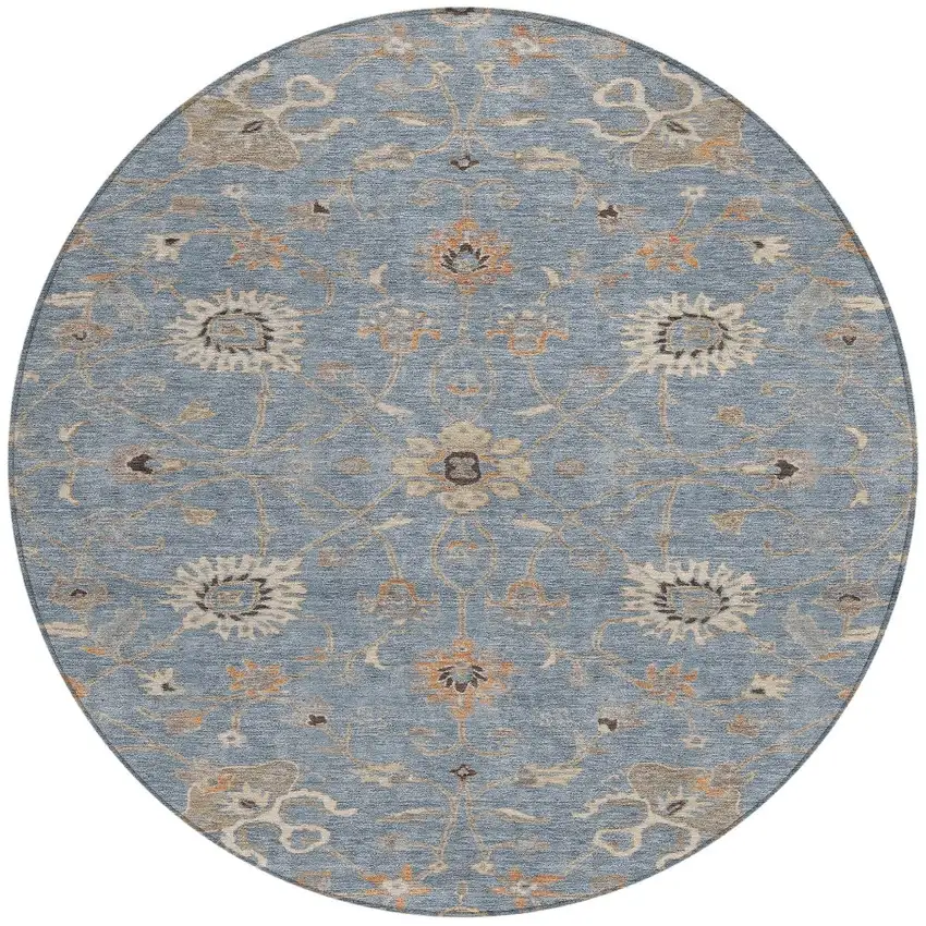 8' Denim Blue Ivory And Coral Round Floral Washable Indoor Outdoor Area Rug Photo 7
