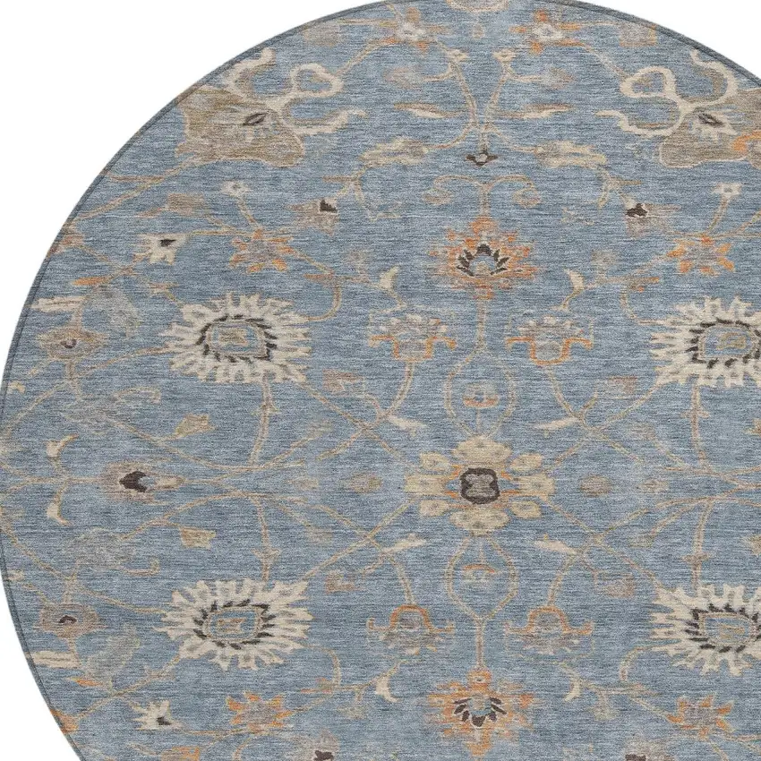 8' Denim Blue Ivory And Coral Round Floral Washable Indoor Outdoor Area Rug Photo 6