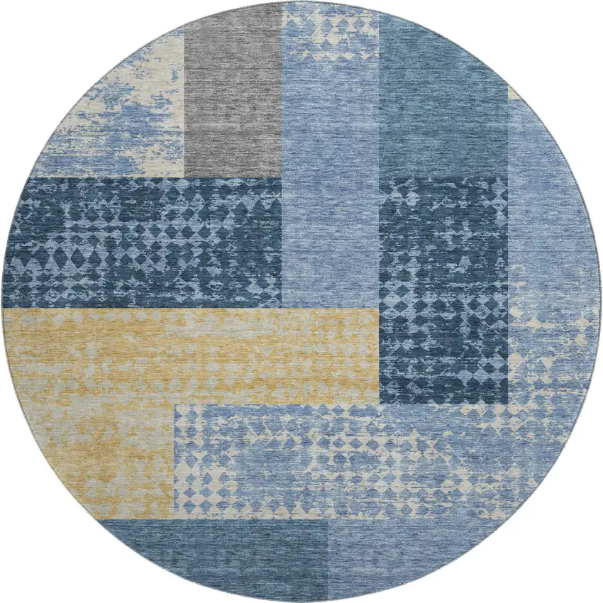 8' Denim Blue Ivory And Gold Geometric Washable Round Rug With UV Protection Photo 1