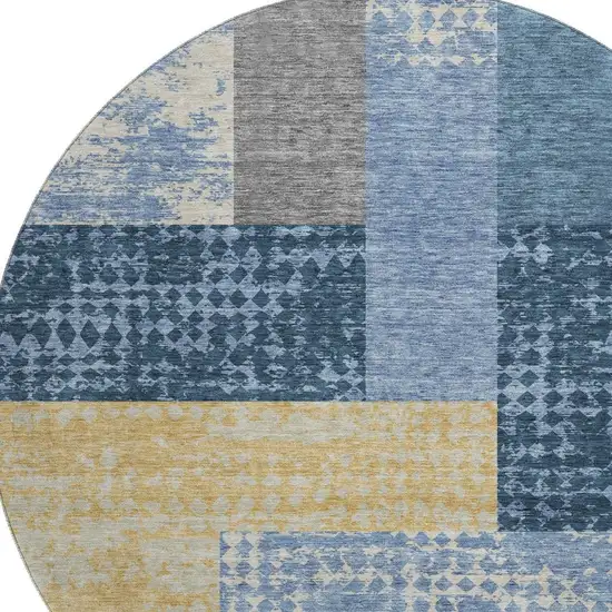 8' Denim Blue Ivory And Gold Geometric Washable Round Rug With UV Protection Photo 2