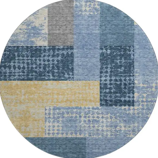 8' Denim Blue Ivory And Gold Geometric Washable Round Rug With UV Protection Photo 3