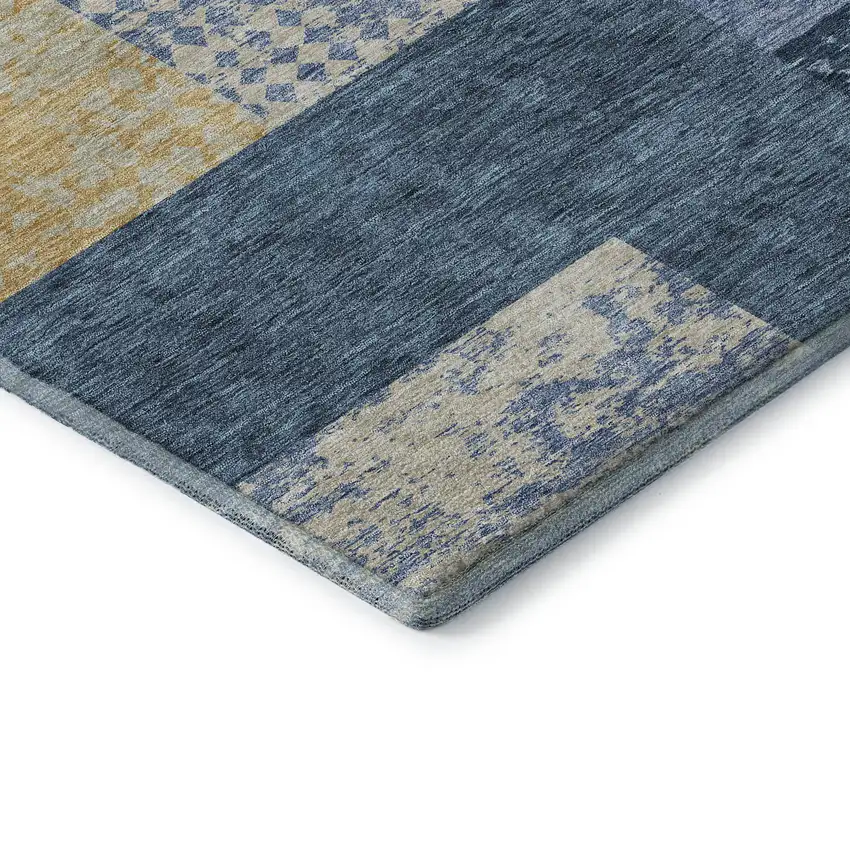 8' Denim Blue Ivory And Gold Geometric Washable Round Rug With UV Protection Photo 6