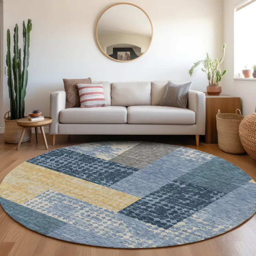 8' Denim Blue Ivory And Gold Geometric Washable Round Rug With UV Protection Photo 4