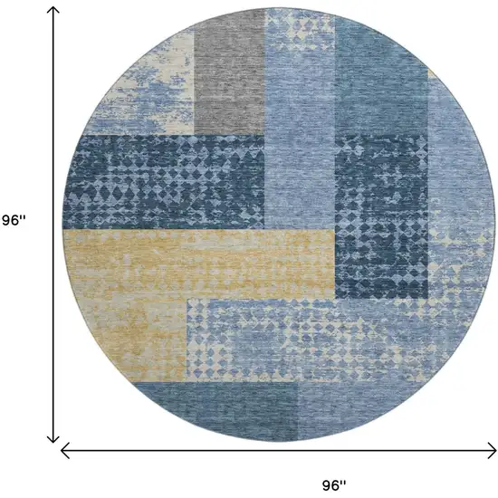8' Denim Blue Ivory And Gold Geometric Washable Round Rug With UV Protection Photo 9