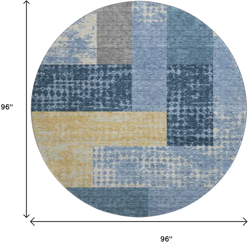 8' Denim Blue Ivory And Gold Geometric Washable Round Rug With UV Protection Photo 9
