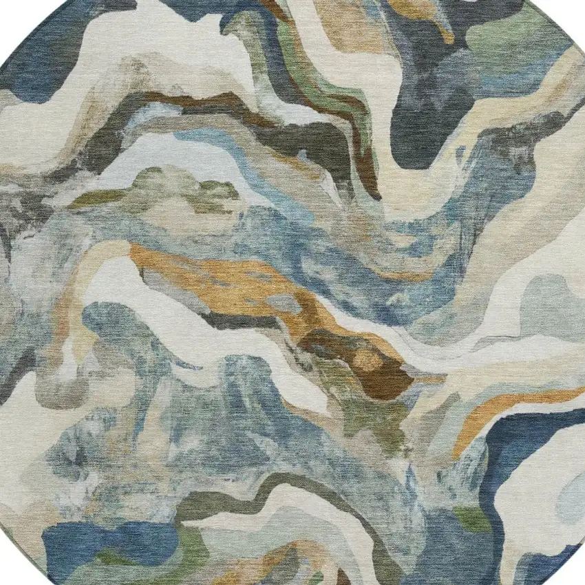 8' Denim Blue Ivory And Gold Round Abstract Washable Indoor Outdoor Area Rug Photo 5