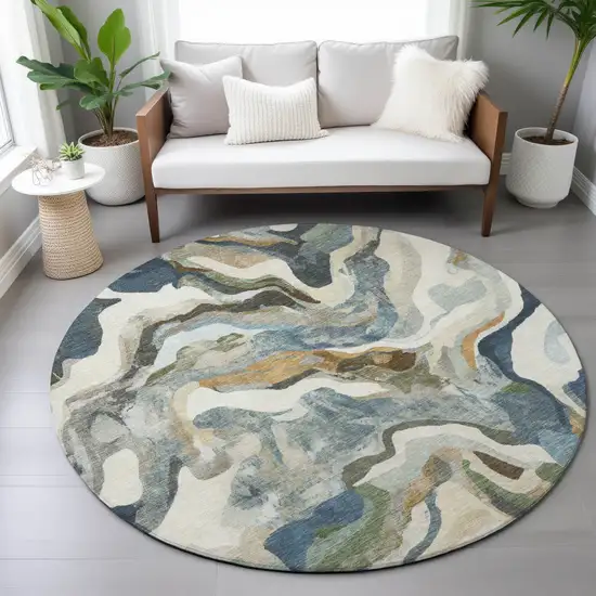8' Denim Blue Ivory And Gold Round Abstract Washable Indoor Outdoor Area Rug Photo 9