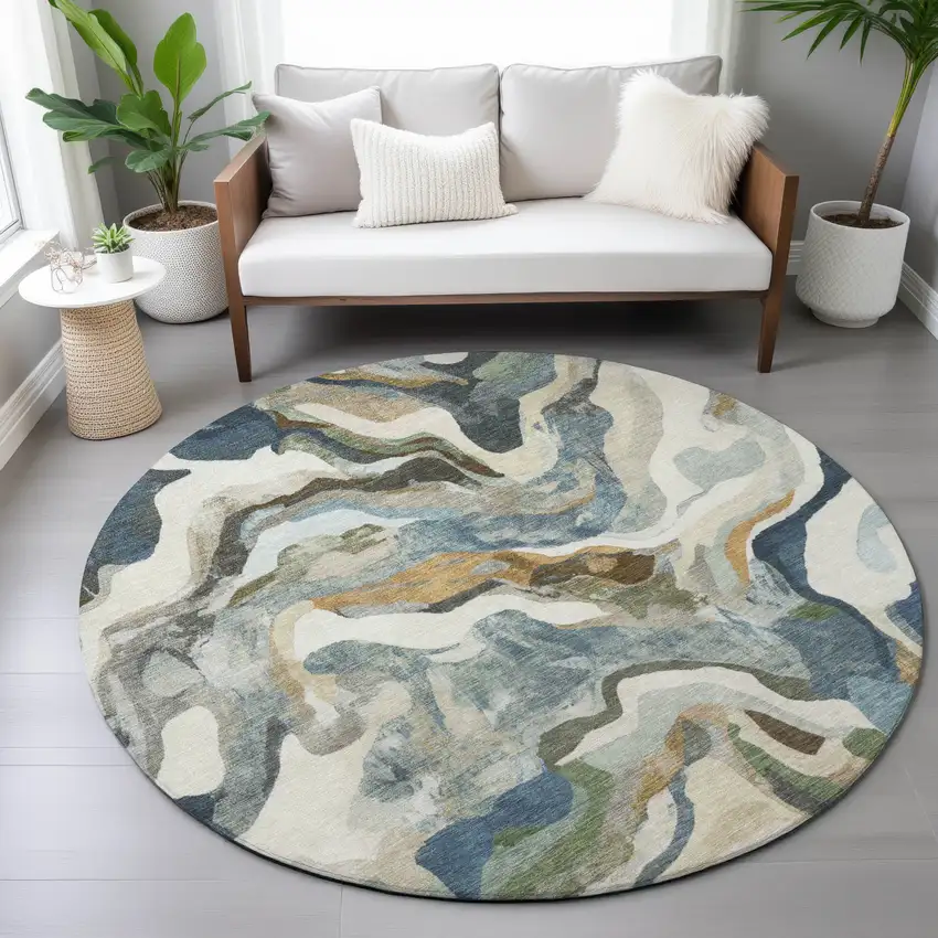 8' Denim Blue Ivory And Gold Round Abstract Washable Indoor Outdoor Area Rug Photo 9