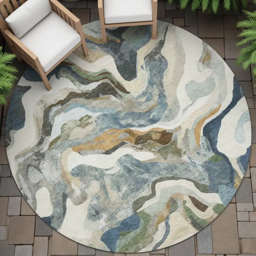 8' Denim Blue Ivory And Gold Round Abstract Washable Indoor Outdoor Area Rug Photo 8
