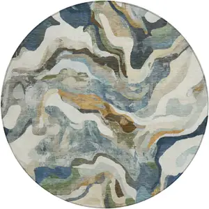 Photo of 8' Denim Blue Ivory And Gold Round Abstract Washable Indoor Outdoor Area Rug