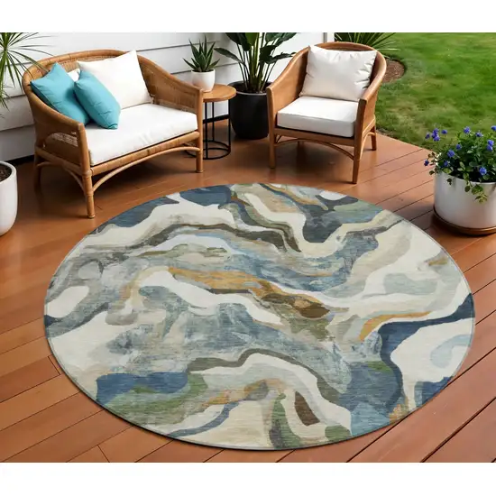 8' Denim Blue Ivory And Gold Round Abstract Washable Indoor Outdoor Area Rug Photo 2